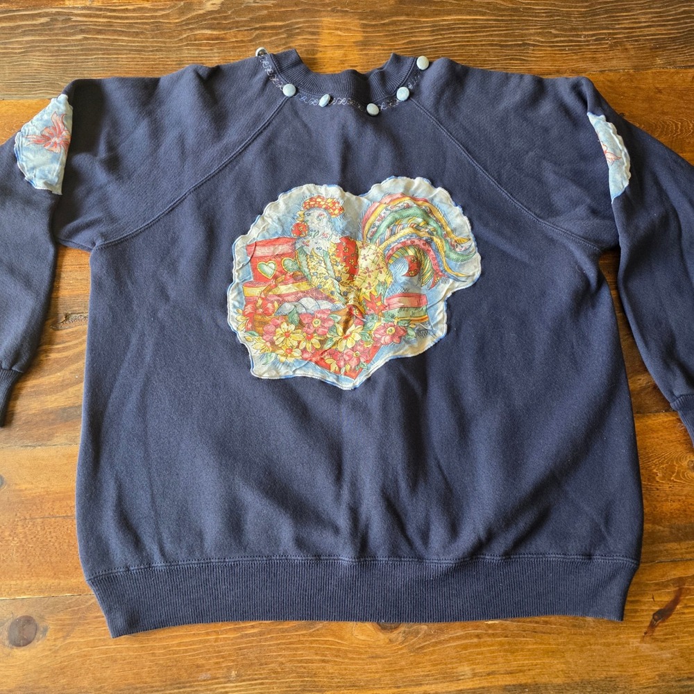 Vintage Large Custom Made Rooster Floral Applique‎ Cottagecore Farm Sweatshirt